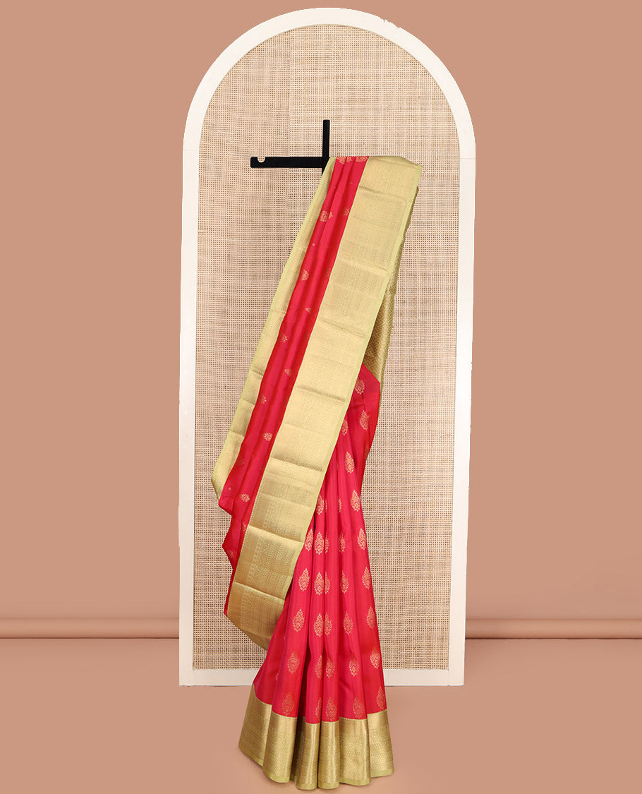 Red Vasundhara Lite Silk Mix Saree, Decked Up with Zari Buttas, Complemented by a Contrast Border of Thilakam, Kamalam, Kodi Visiry, and Neli Designs, Gandly Geometric Patterns Woven Pallu, and Paired with a Contrast Blouse
