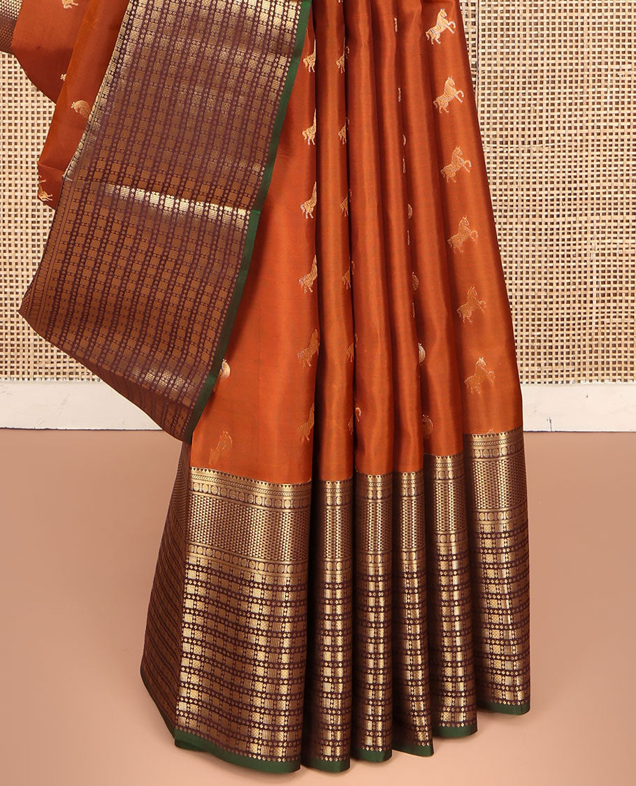 Orange Vasundhara Lite Silk Mix Saree, Graced with Zari Buttas on Its Body, Complemented by a Contrast Border of Rekku, Kathir, Rudraksham, Ara Maadam, and Mayil Kann Designs, Geometric Textured Pallu, and Paired with a Contrast Blouse