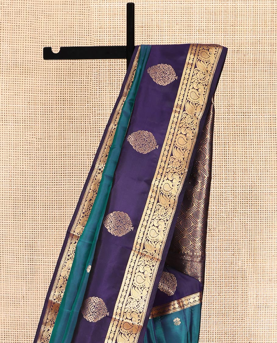 Blue Vasundhara Lite-Silk Mix Saree, Detailed with Zari Buttas, Complemented by a Contrast Border of Rudraksham and Mayil Designs, Grand Pallu, and a Contrast Blouse