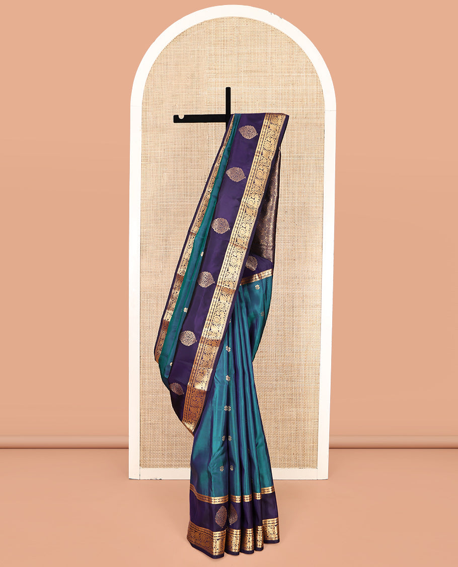 Blue Vasundhara Lite-Silk Mix Saree, Detailed with Zari Buttas, Complemented by a Contrast Border of Rudraksham and Mayil Designs, Grand Pallu, and a Contrast Blouse