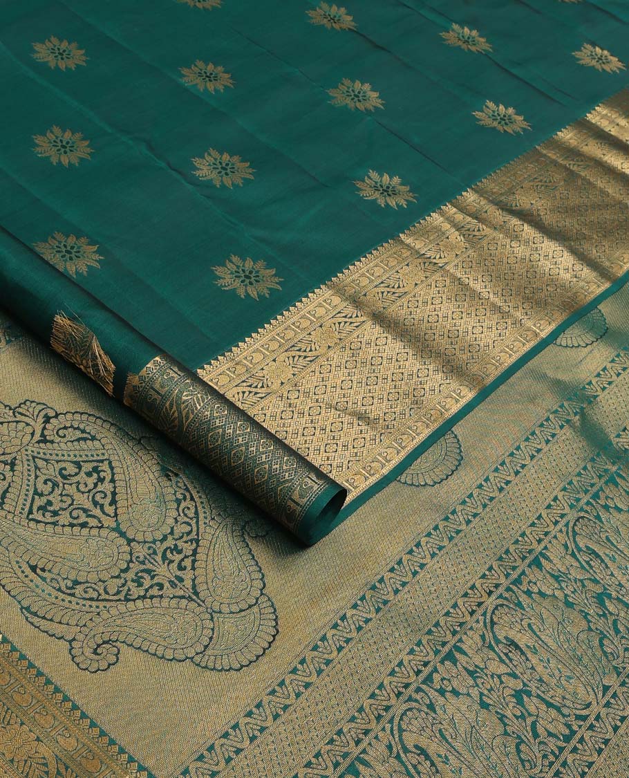 Green floral zari buttas Vasundhara silk mix saree, zari border of thilakam, manga, kodi visiry, and jaal designs, and intricate pallu