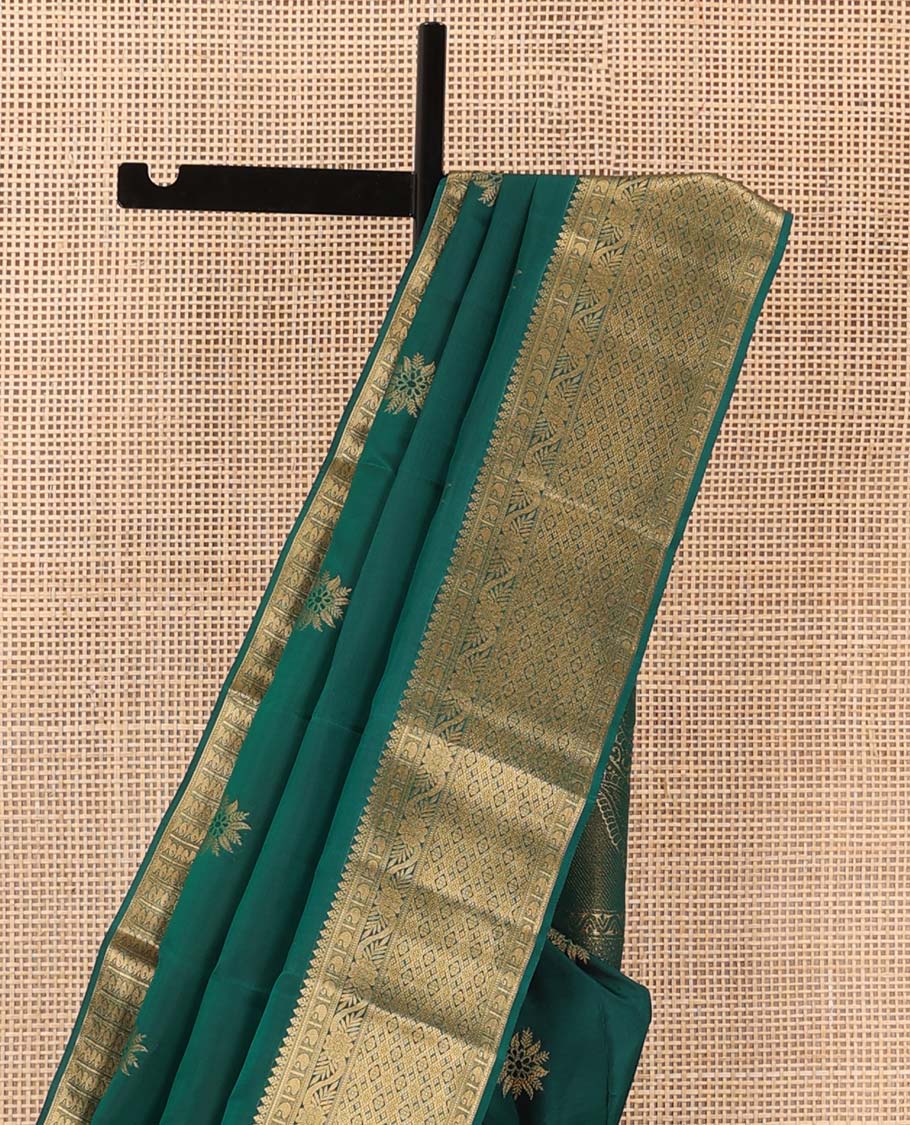 Green floral zari buttas Vasundhara silk mix saree, zari border of thilakam, manga, kodi visiry, and jaal designs, and intricate pallu