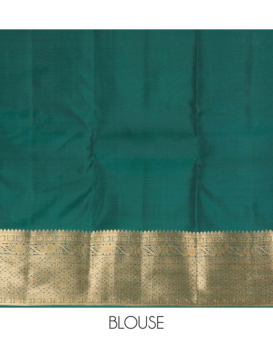 Green floral zari buttas Vasundhara silk mix saree, zari border of thilakam, manga, kodi visiry, and jaal designs, and intricate pallu