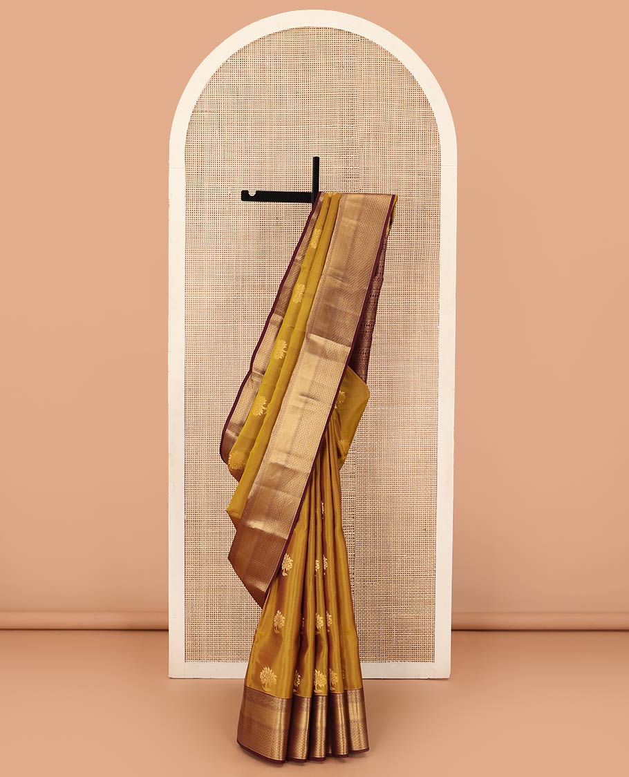 Green zari buttas Vasundhara silk mix saree, contrast border, and pallu steeped with traditional zari designs