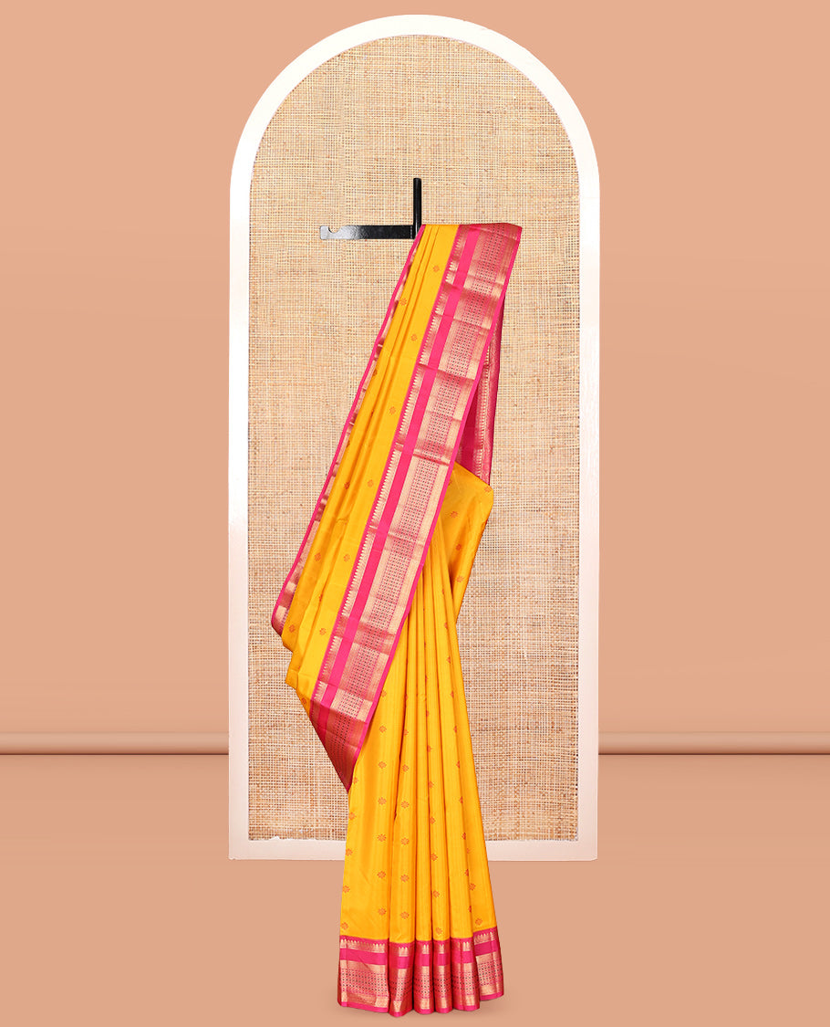 Yellow Thread Buttas Vasundhara Lite Silk Mix Saree, a Contrast Border of Thilakam Mokku, Vanki and Jaal Designs, Grand Pallu, and a Contrast Blouse