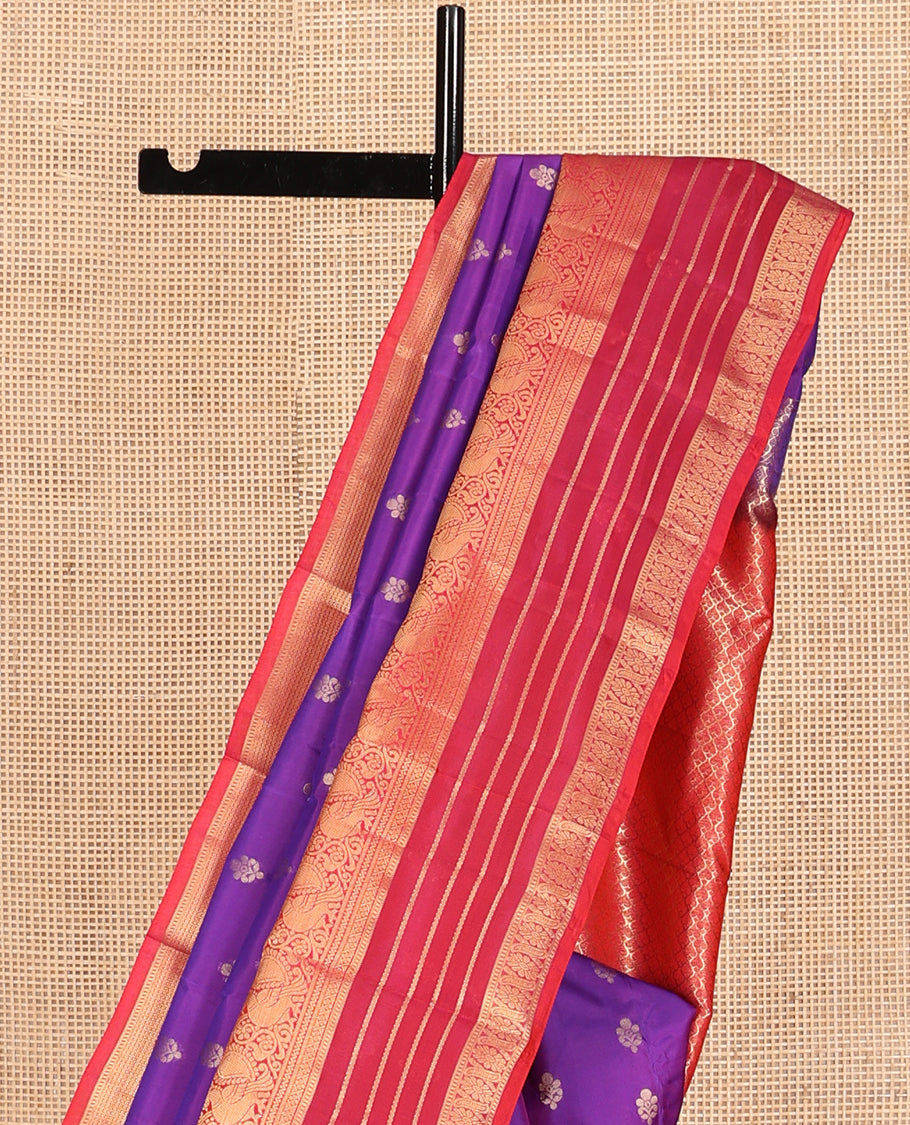 Violet Vasundhara Lite Silk Mix Saree, Gleamed Up with Zari Buttas, a Contrast Border of Rekku, Muthu, Neli, Mayil, and Cross Kamalam Designs, Grand Jaal Pallu, and a Contrast Blouse