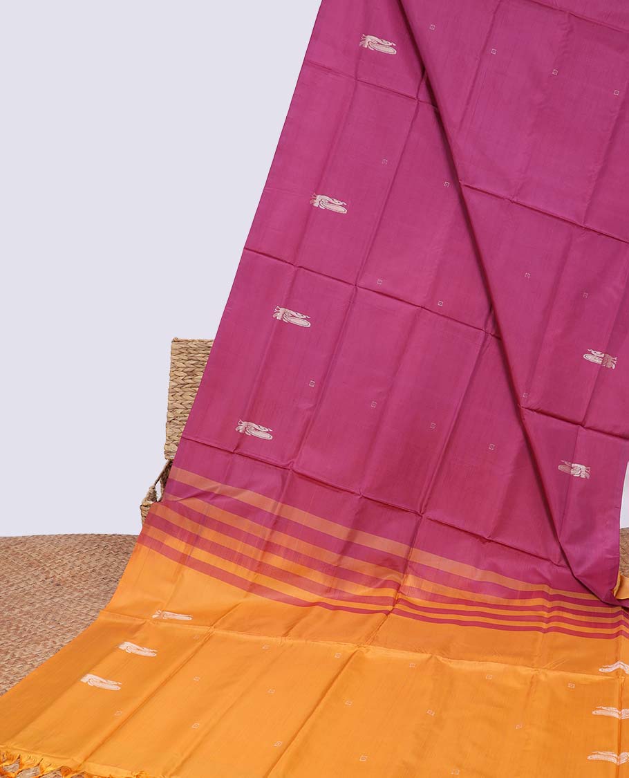 Borderless red banana pith saree with peacock motifs and stripes pallu