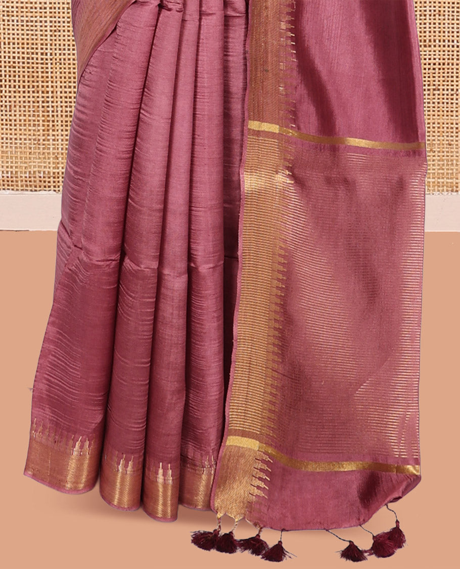 Rosewood Pink Plain Banana Pith Saree, a Zari Temple Border, Striped Pallu, and Matching Blouse