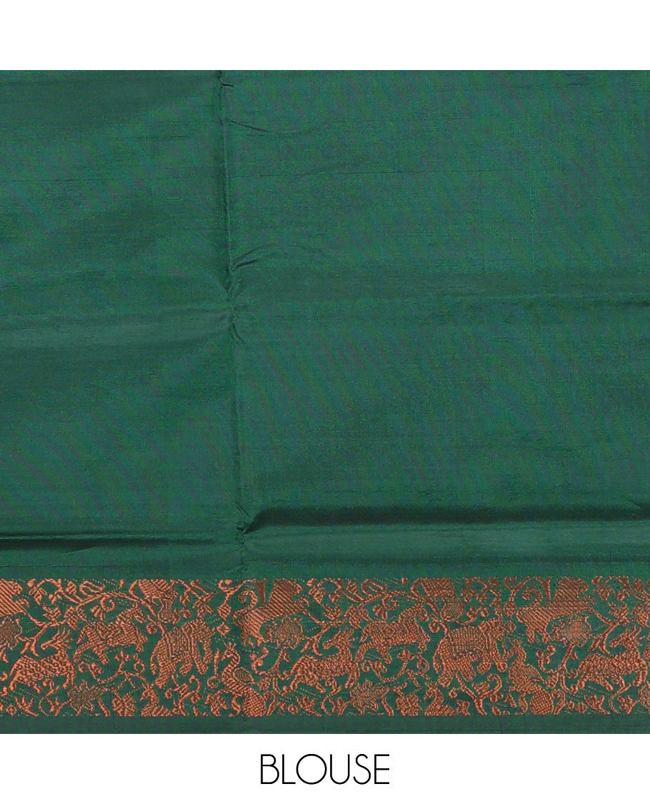 Green thread buttas banana pith saree, contrast animal motifs zari border, and pallu of buttas, and stripes
