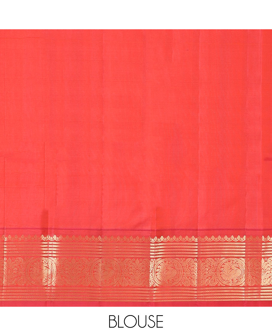 Purple Vasundhara Silk Saree Enthralled with Round Mayil Buttas, Highlighted with a Contrast Border of Thilakam Mokku, Kathir, Banaras, and Mayil Designs, Pallu Decorated with Jaal Design, and Paired with a Contrast Blouse