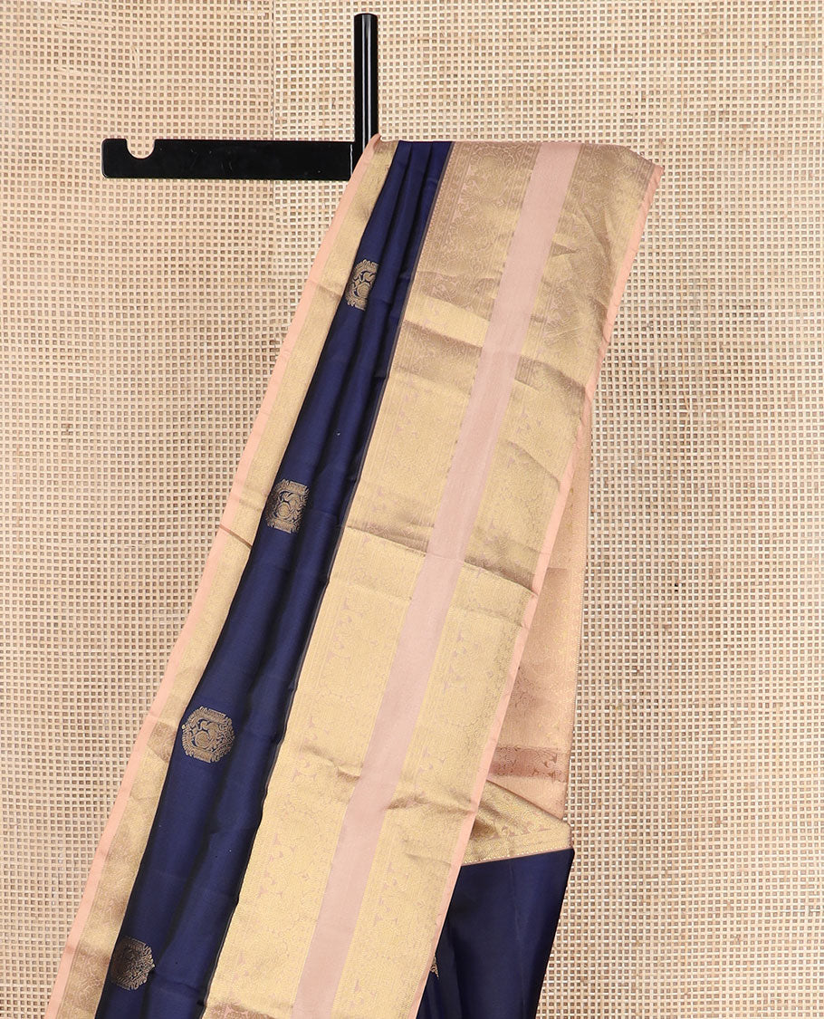 Blue zari buttas silk saree, contrast rettai pettu border of poun & mayil design & pallu of jaal design