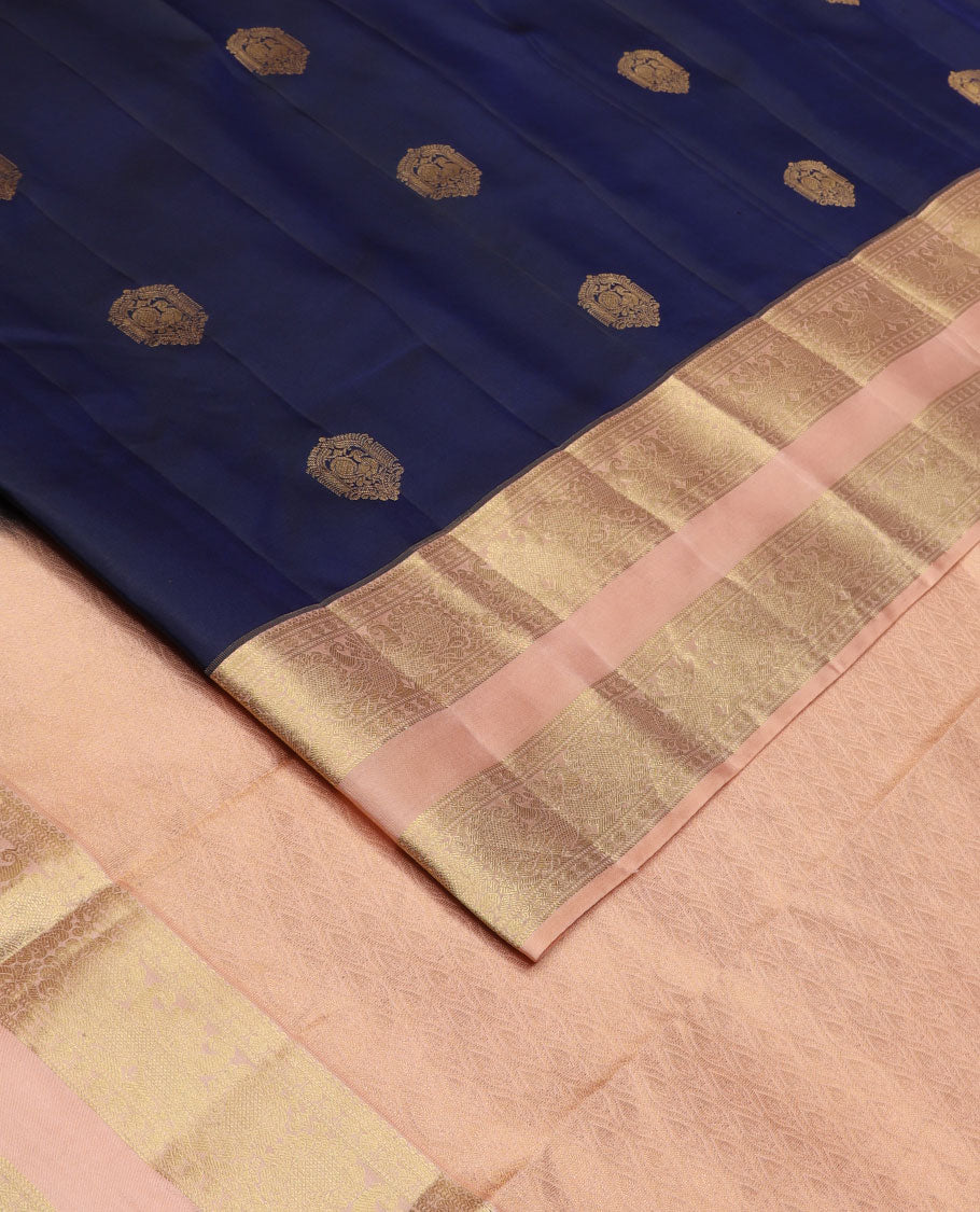 Blue zari buttas silk saree, contrast rettai pettu border of poun & mayil design & pallu of jaal design