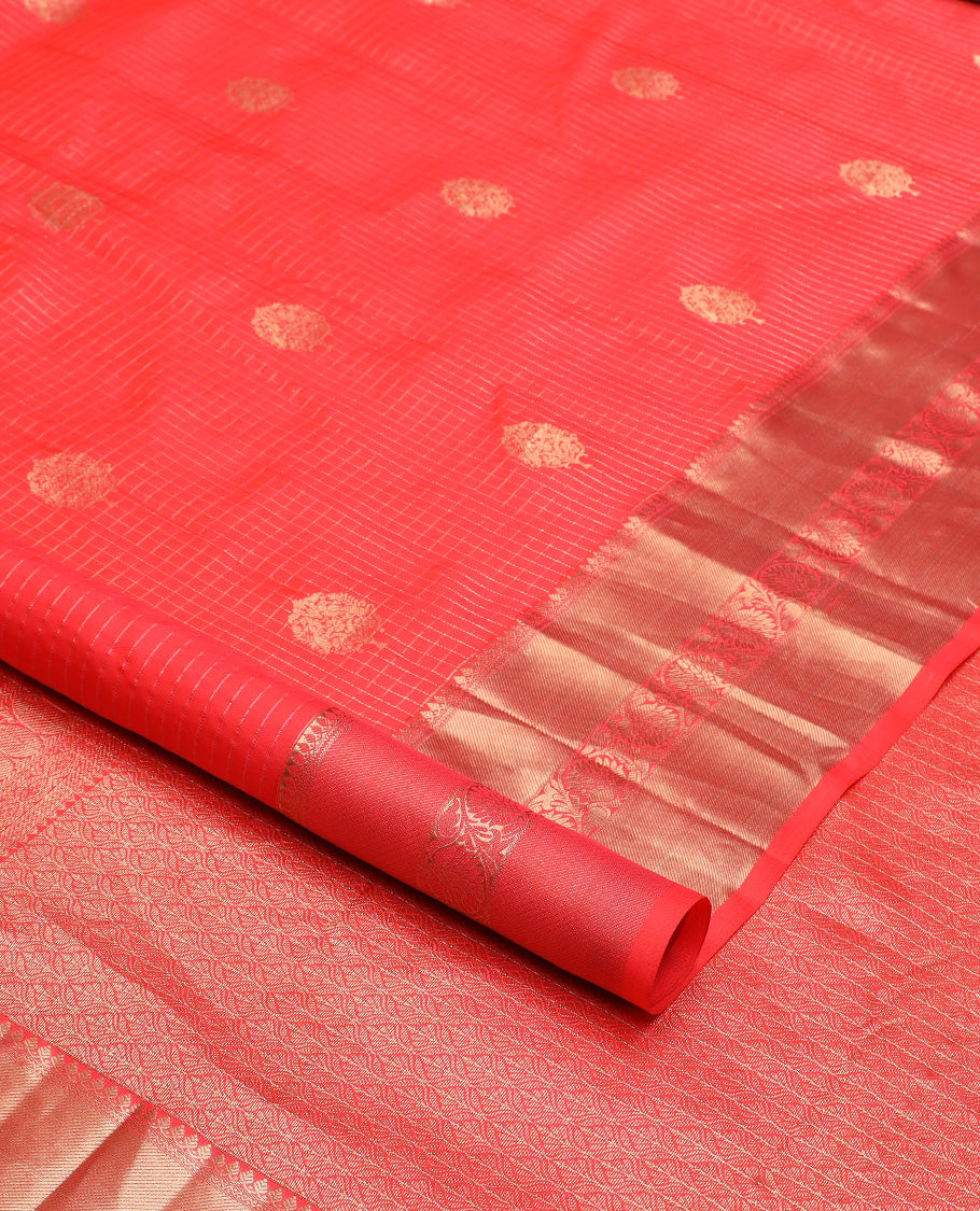 Red micro-checked and buttas silk saree, zari border of thilakam mokku, neli, zari stripes, and kodi visiry designs, and ogee patterned pallu
