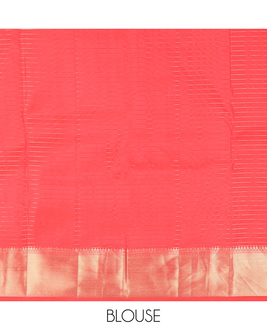 Red micro-checked and buttas silk saree, zari border of thilakam mokku, neli, zari stripes, and kodi visiry designs, and ogee patterned pallu