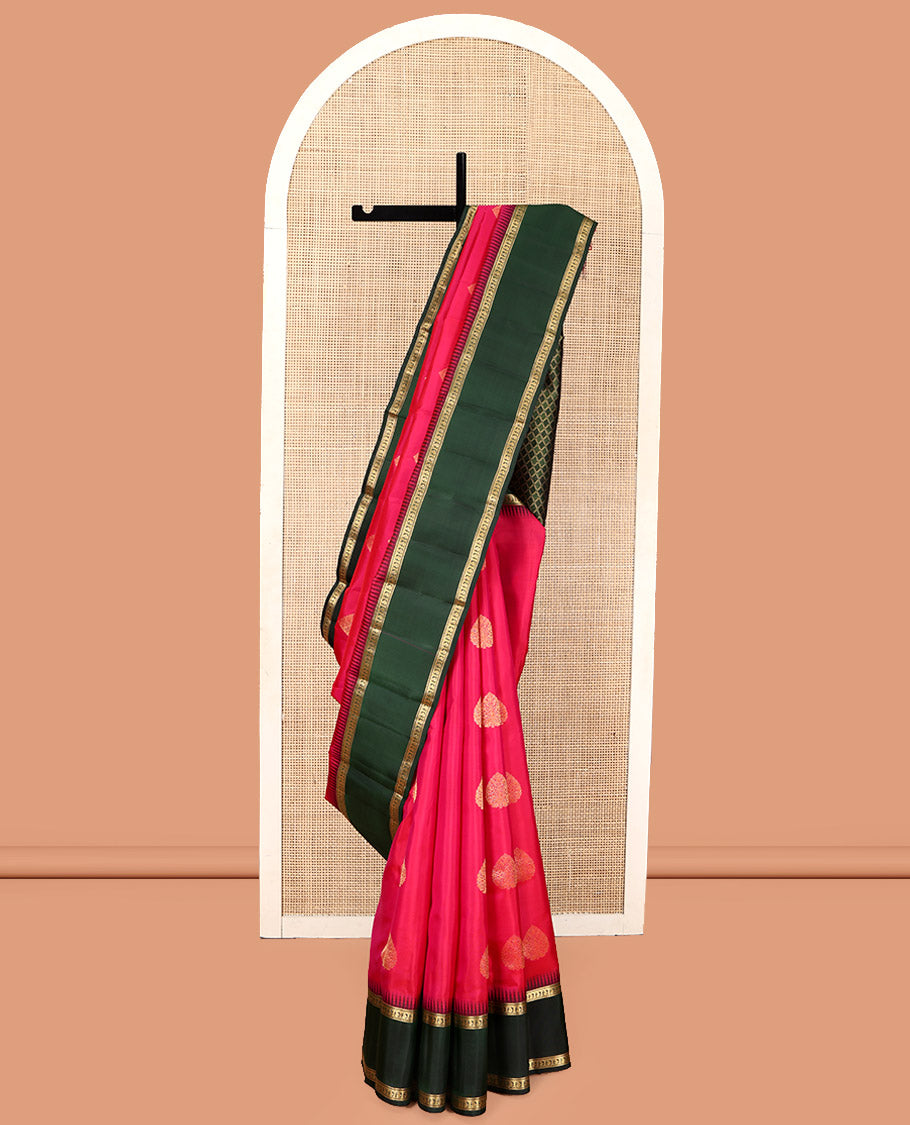 Pink Vasundhara Silk Saree, Woven with Zari Buttas, Complemented by a Contrast Thazampoo Rekku Rettai Pettu Border of Banaras and Manga Designs, Grand Jaal Pallu, and a Contrast Blouse