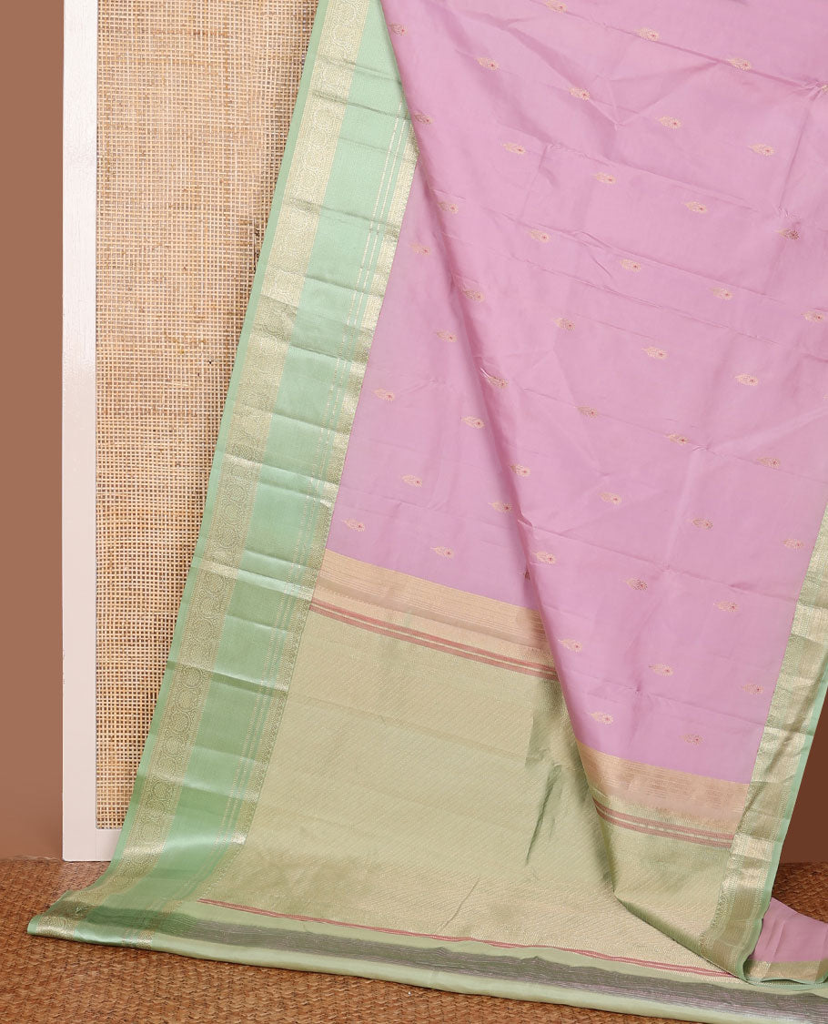 Pink zari buttas silk saree, contrast zari striped pallu & border of thilakam mokku,muthu,kathir,mayil kann & dhavana kodi