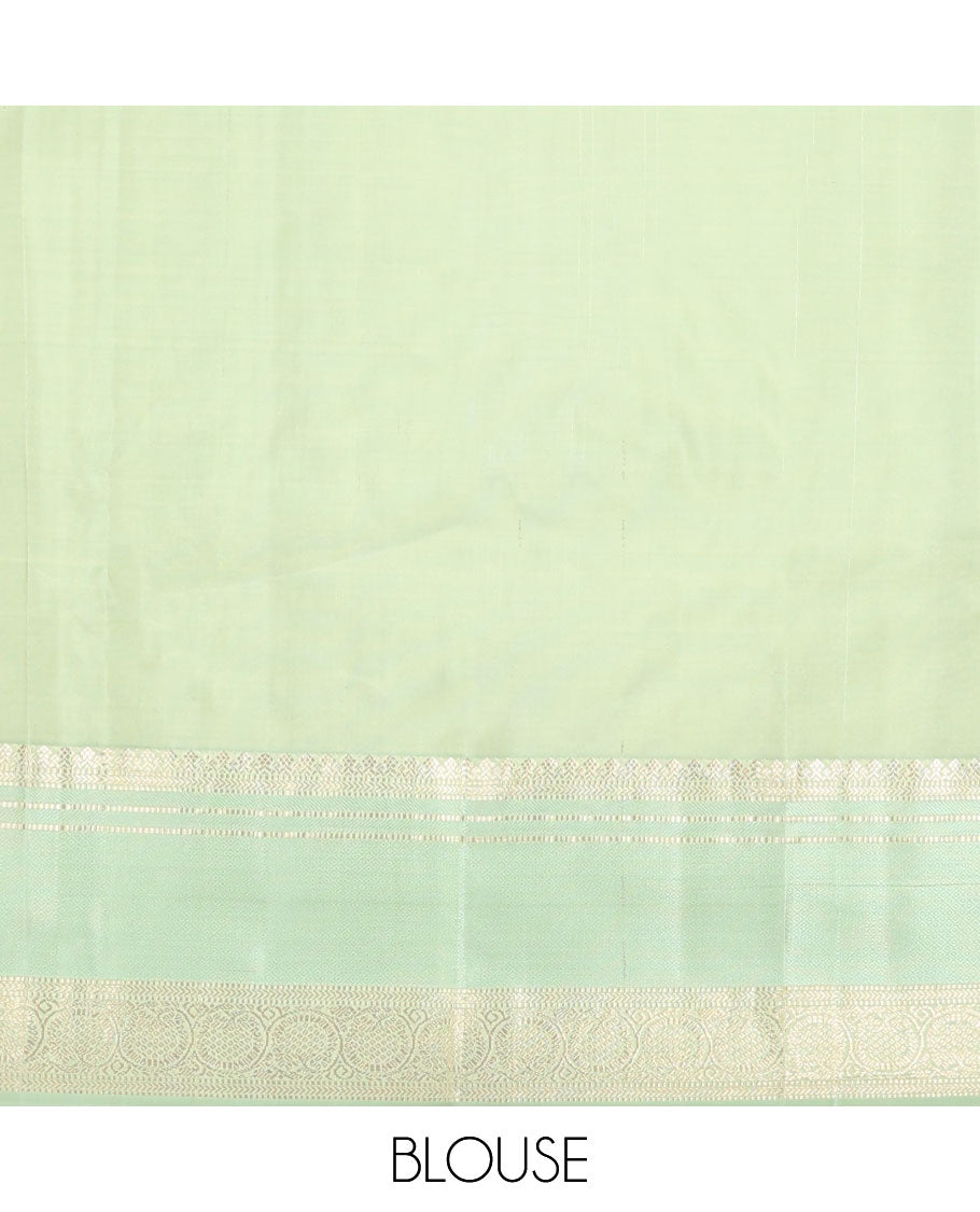 Pink zari buttas silk saree, contrast zari striped pallu & border of thilakam mokku,muthu,kathir,mayil kann & dhavana kodi