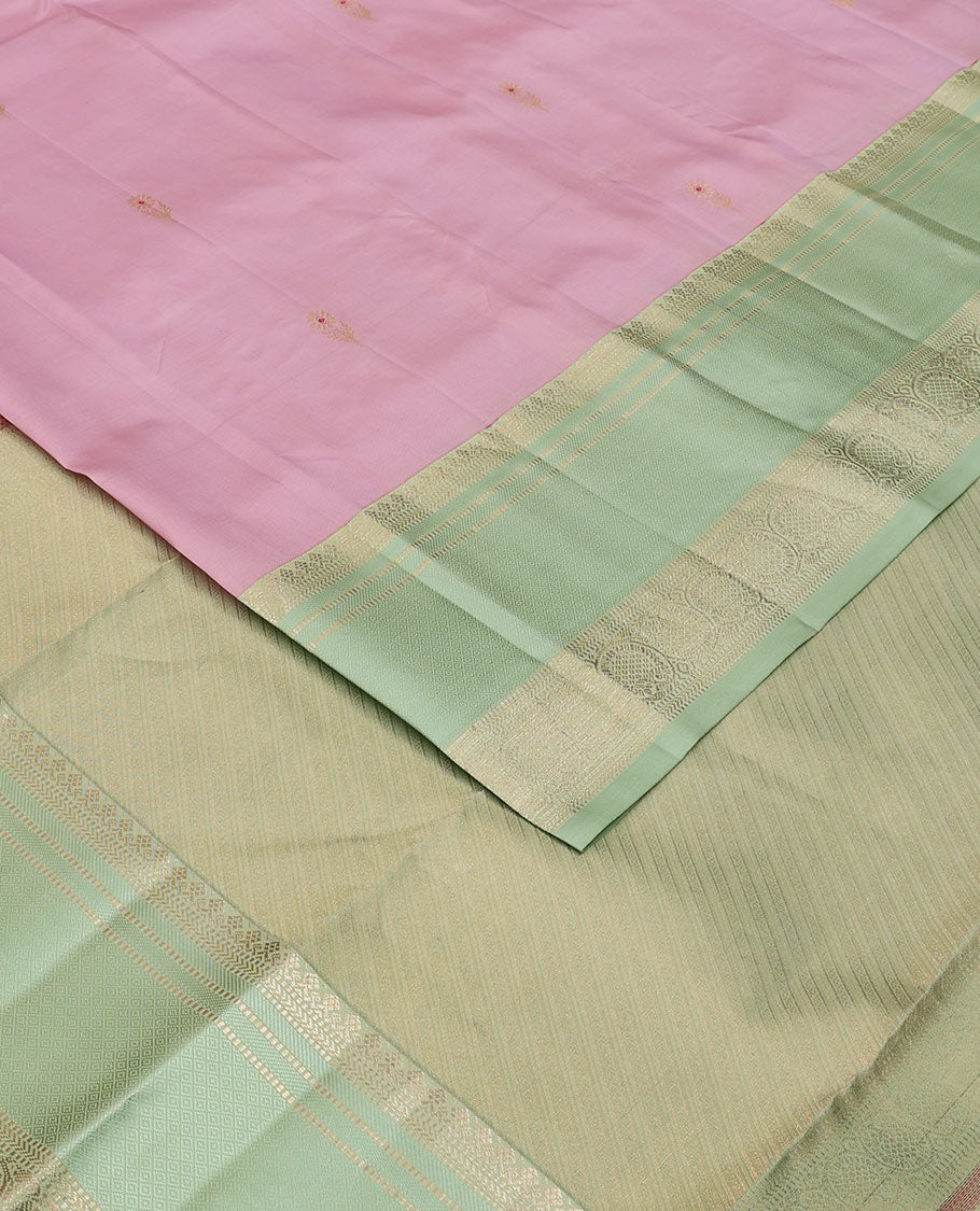 Pink zari buttas silk saree, contrast zari striped pallu & border of thilakam mokku,muthu,kathir,mayil kann & dhavana kodi