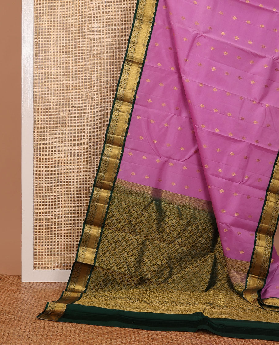 Pink zari buttas silk saree, contrast jaal pallu & border of thazampoo rekku, muthu, banaras & kodi visiry