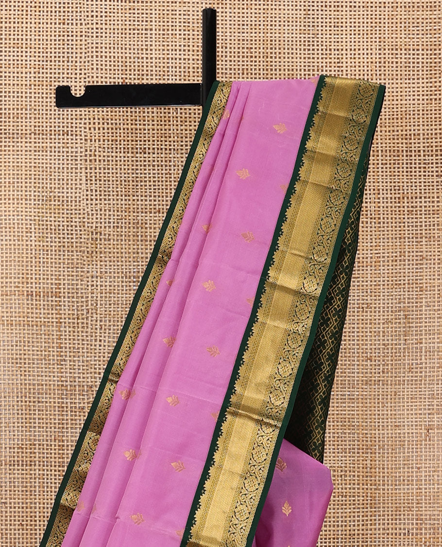 Pink zari buttas silk saree, contrast jaal pallu & border of thazampoo rekku, muthu, banaras & kodi visiry