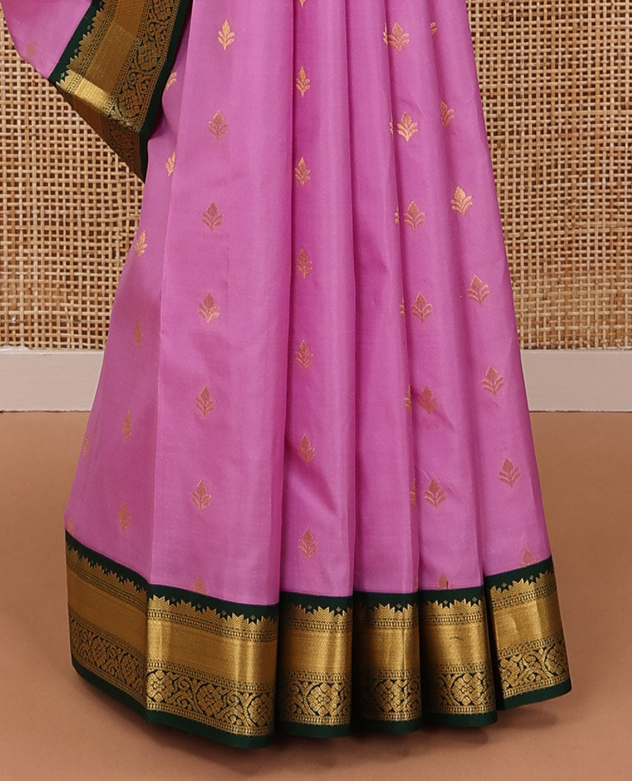 Pink zari buttas silk saree, contrast jaal pallu & border of thazampoo rekku, muthu, banaras & kodi visiry