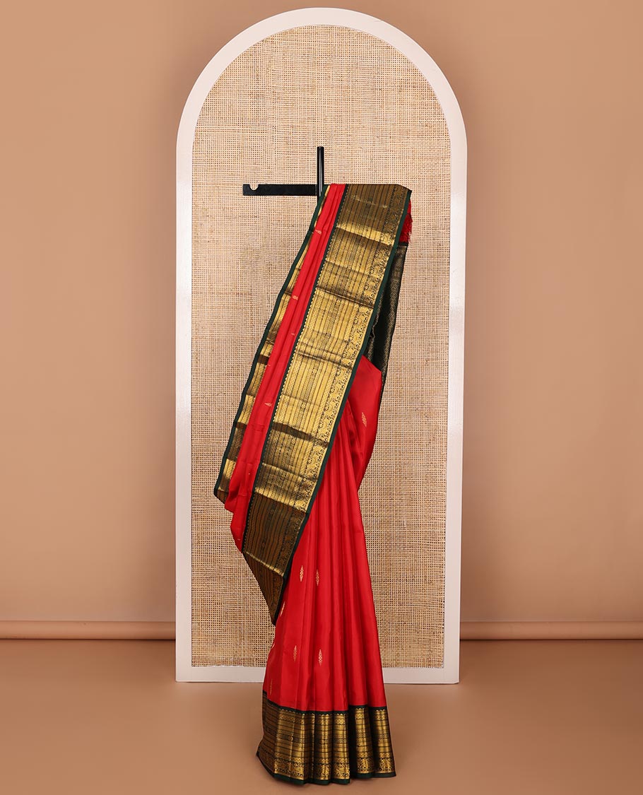 Red zari buttas silk saree, contrast border of rekku,kathir,paayadi kattam,mayil kann & pichwai cow designs & jaal pallu