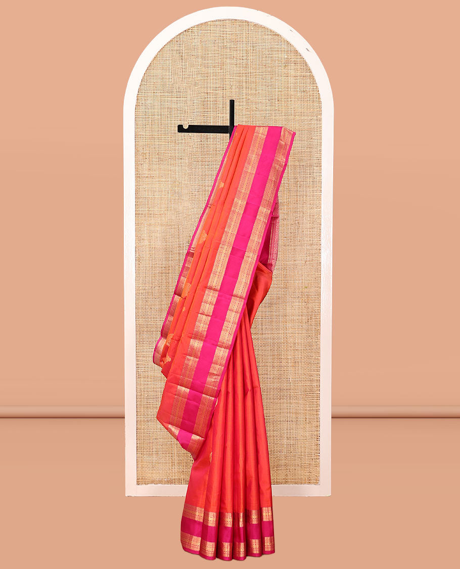Orange Vasundhara Silk Saree, Woven with Zari Buttas, Contrast Rettai Pettu Traditional Zari Border, Grand Pallu, and a Contrast Blouse