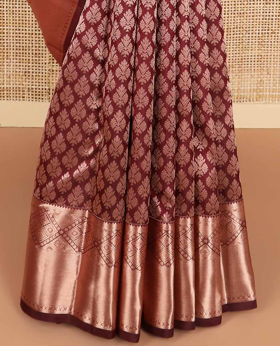 Brown floral jaal design kancheepuram silk saree with self border of intricate geometric design & zari design pallu