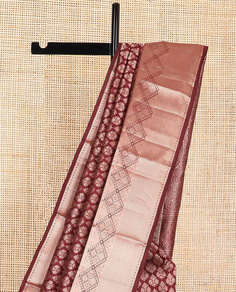 Brown floral jaal design kancheepuram silk saree with self border of intricate geometric design & zari design pallu