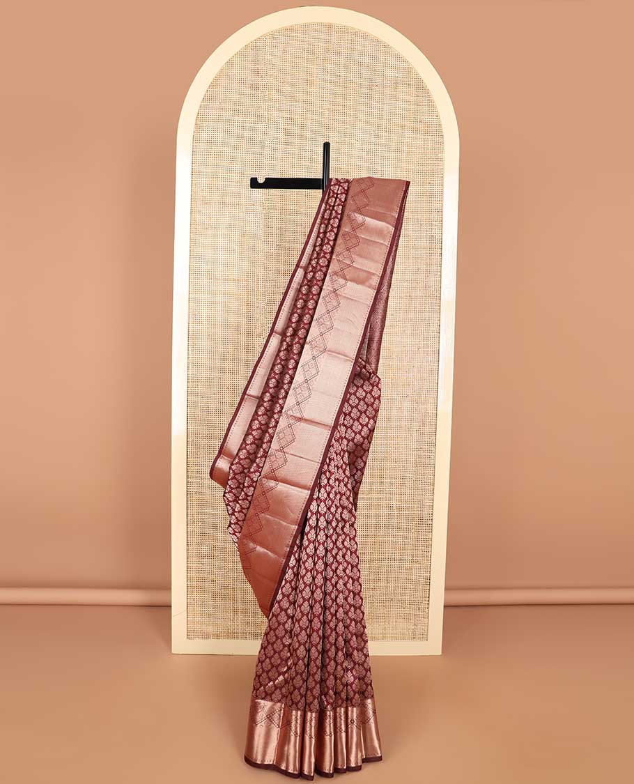 Brown floral jaal design kancheepuram silk saree with self border of intricate geometric design & zari design pallu