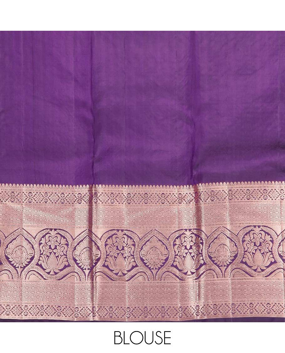 Purple jacquard wedding silk saree, zari border of thilakam mokku, muthu, diamond, jaal, and floral designs, and intricate pallu