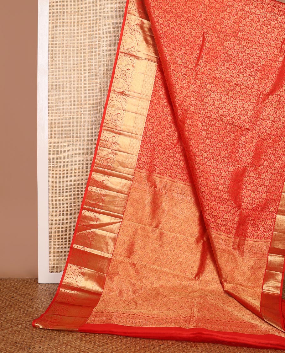 Red floral jacquard kanchipuram wedding silk saree, zari border of rekku,kamalam & arumbu manga & intricate pallu