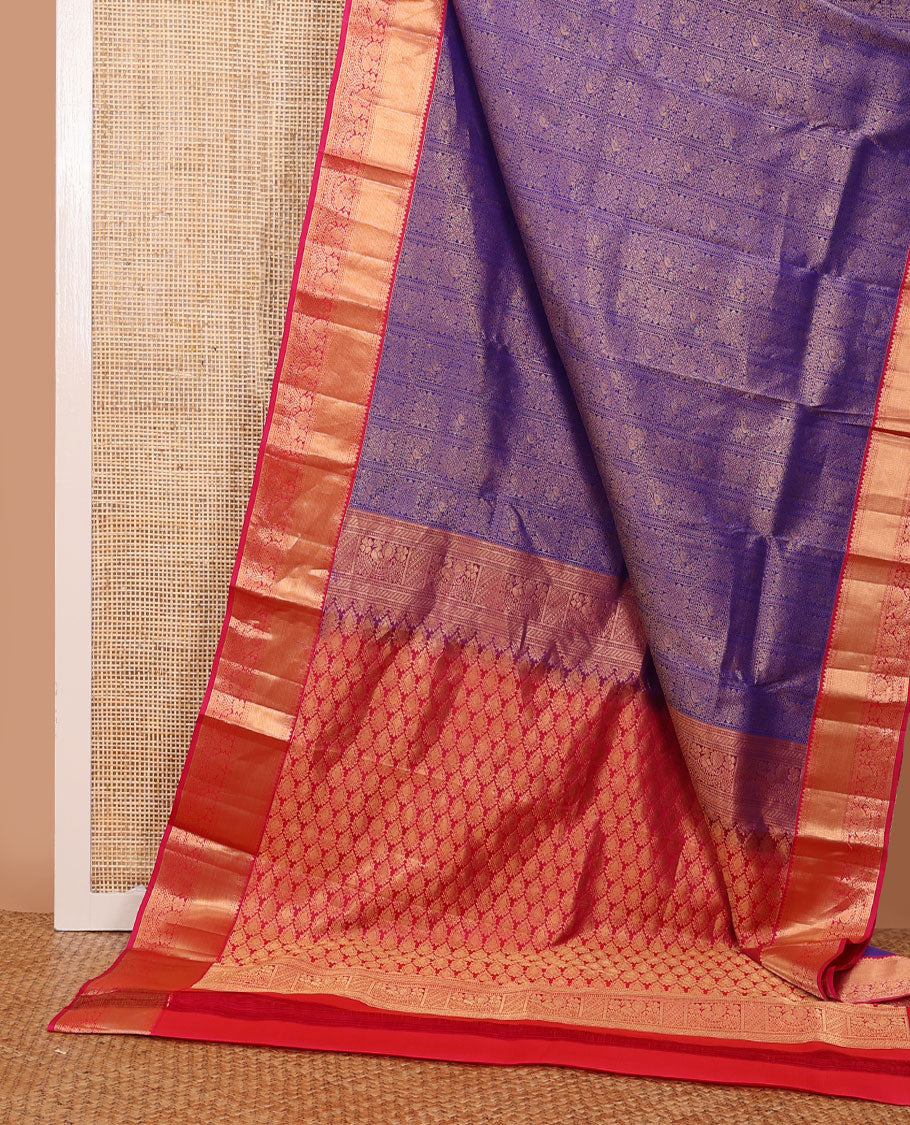 Blue jacquard wedding silk saree, contrast jaal pallu & border of rekku, rettai neli poun & mayil designs