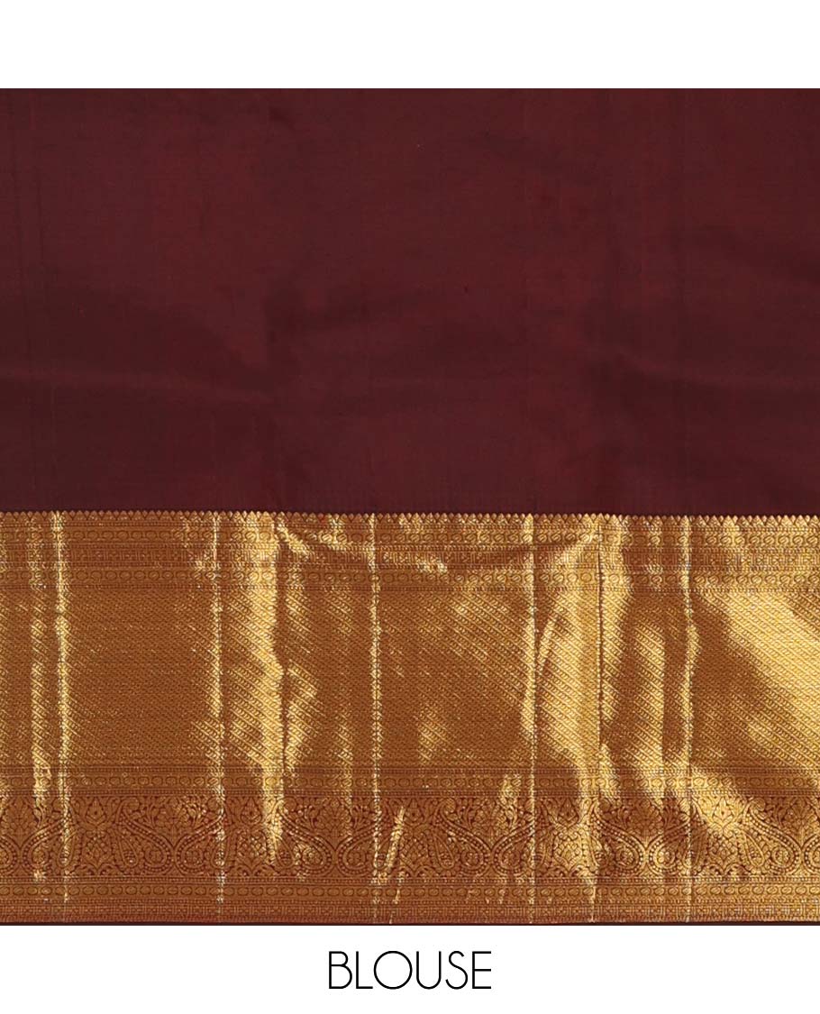 Brown jacquard wedding silk saree, traditional zari design steeped border, and zari-rich intricate pallu