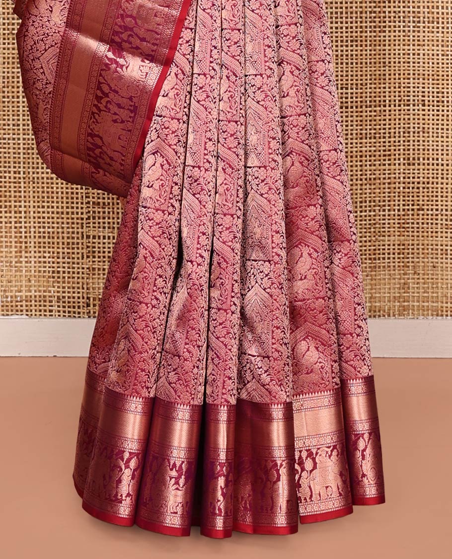 Red Kanchipuram Wedding Silk Saree, Majestically Detailed with Jacquard Design on Its Body, Highlighted by Zari Border of Rekku, Muthu, Kamalam, and Wedding-Themed Designs, Grand Pallu, and Paired with a Matching Blouse