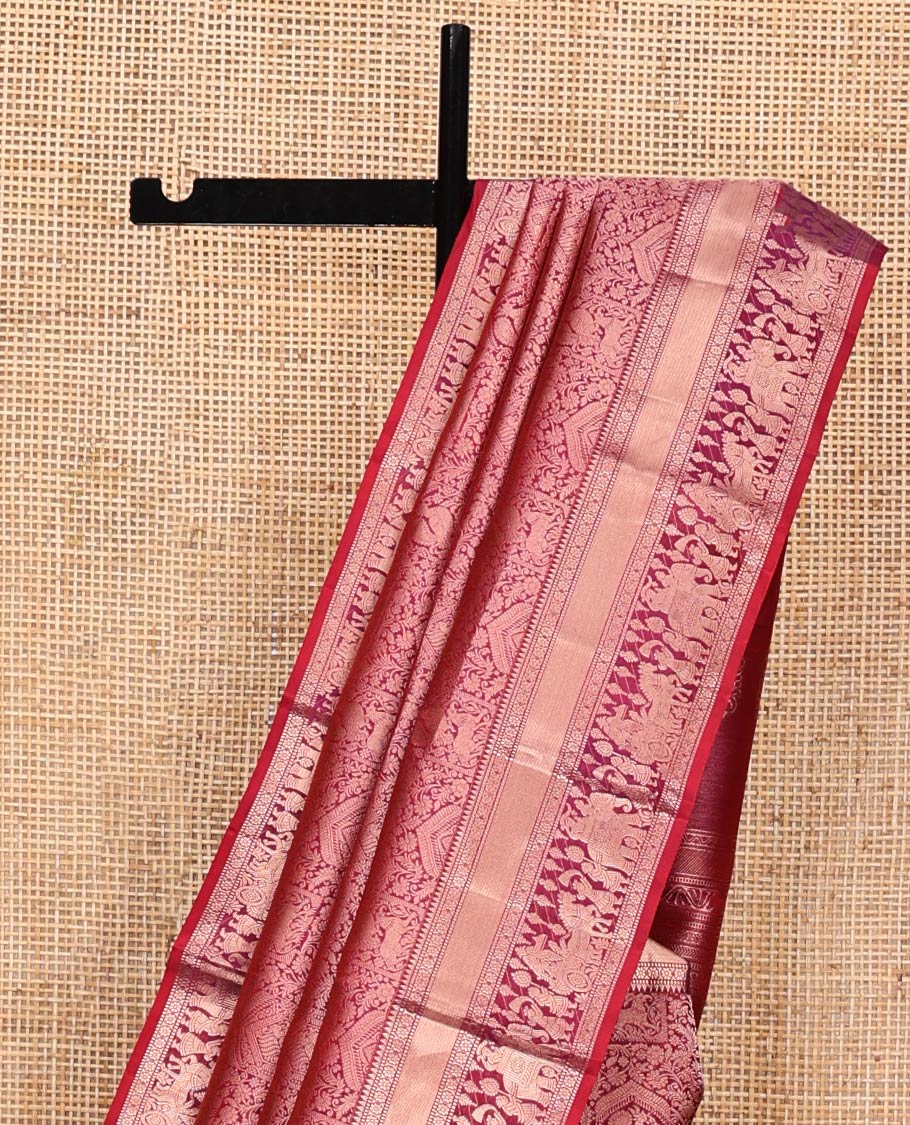 Red Kanchipuram Wedding Silk Saree, Majestically Detailed with Jacquard Design on Its Body, Highlighted by Zari Border of Rekku, Muthu, Kamalam, and Wedding-Themed Designs, Grand Pallu, and Paired with a Matching Blouse