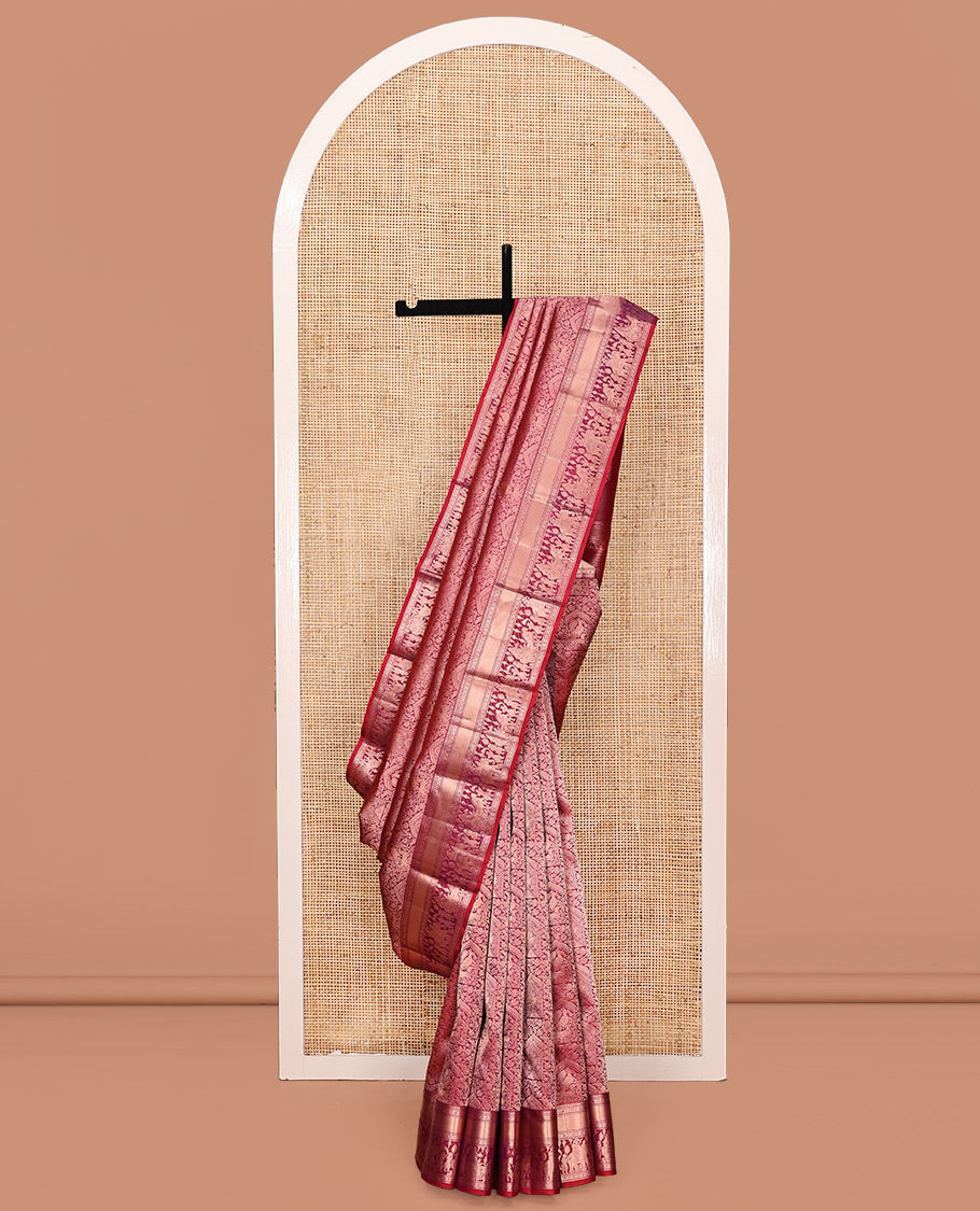 Red Kanchipuram Wedding Silk Saree, Majestically Detailed with Jacquard Design on Its Body, Highlighted by Zari Border of Rekku, Muthu, Kamalam, and Wedding-Themed Designs, Grand Pallu, and Paired with a Matching Blouse
