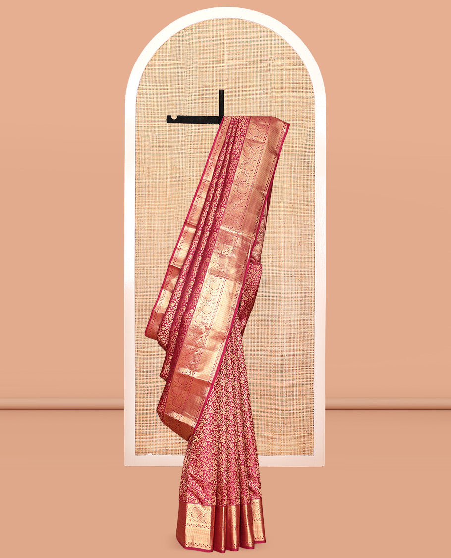 Wine Kanchipuram Wedding Silk Saree, Finely Crafted with Jacquard Design, a Zari Border of Rekku, Kathir, and Kodi Visiry, Jaal Pallu, and a Matching Blouse
