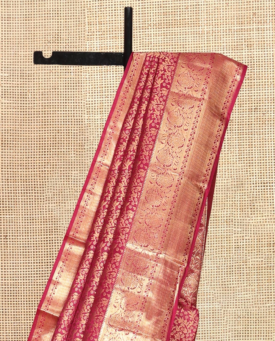 Wine Kanchipuram Wedding Silk Saree, Finely Crafted with Jacquard Design, a Zari Border of Rekku, Kathir, and Kodi Visiry, Jaal Pallu, and a Matching Blouse