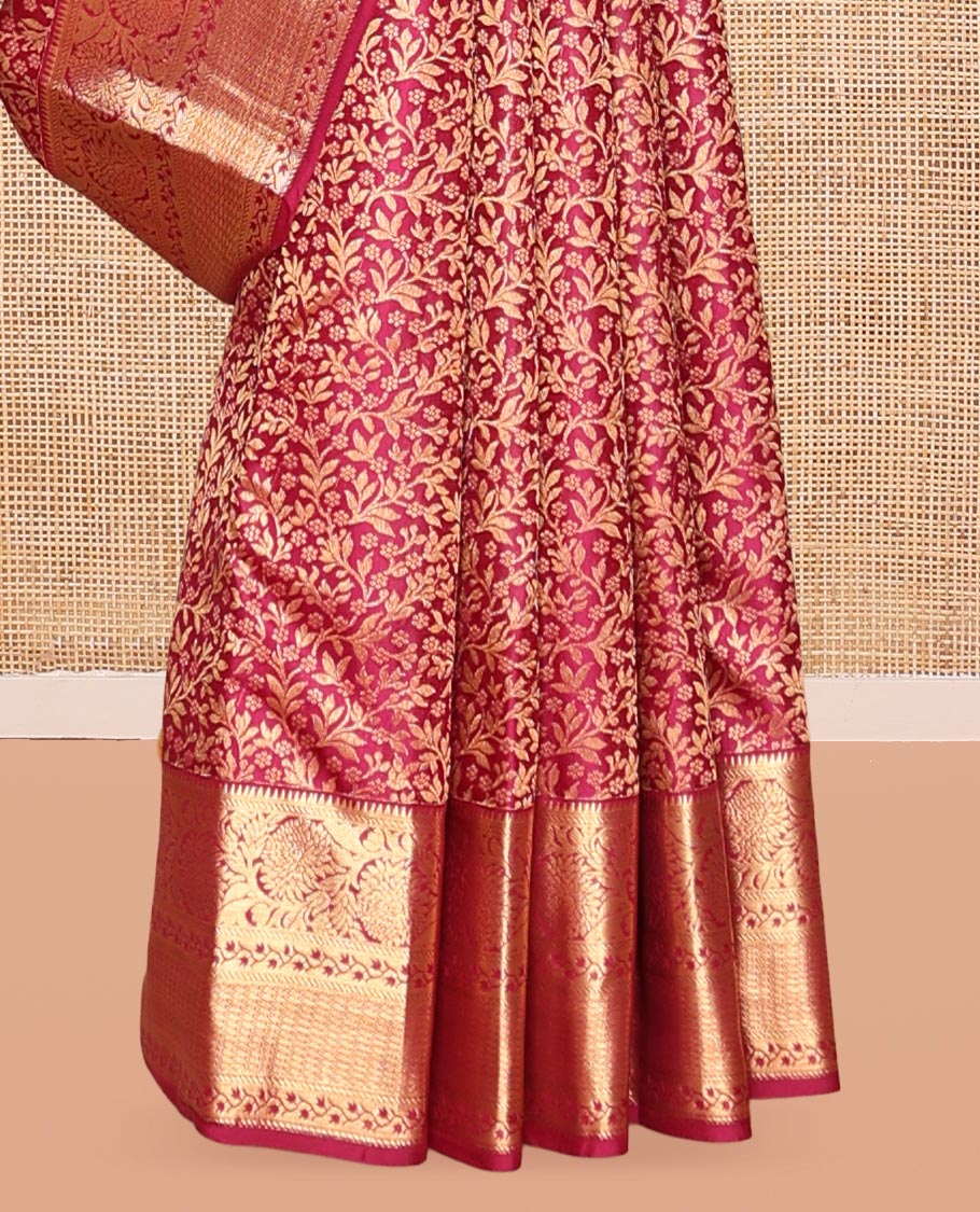 Wine Kanchipuram Wedding Silk Saree, Finely Crafted with Jacquard Design, a Zari Border of Rekku, Kathir, and Kodi Visiry, Jaal Pallu, and a Matching Blouse