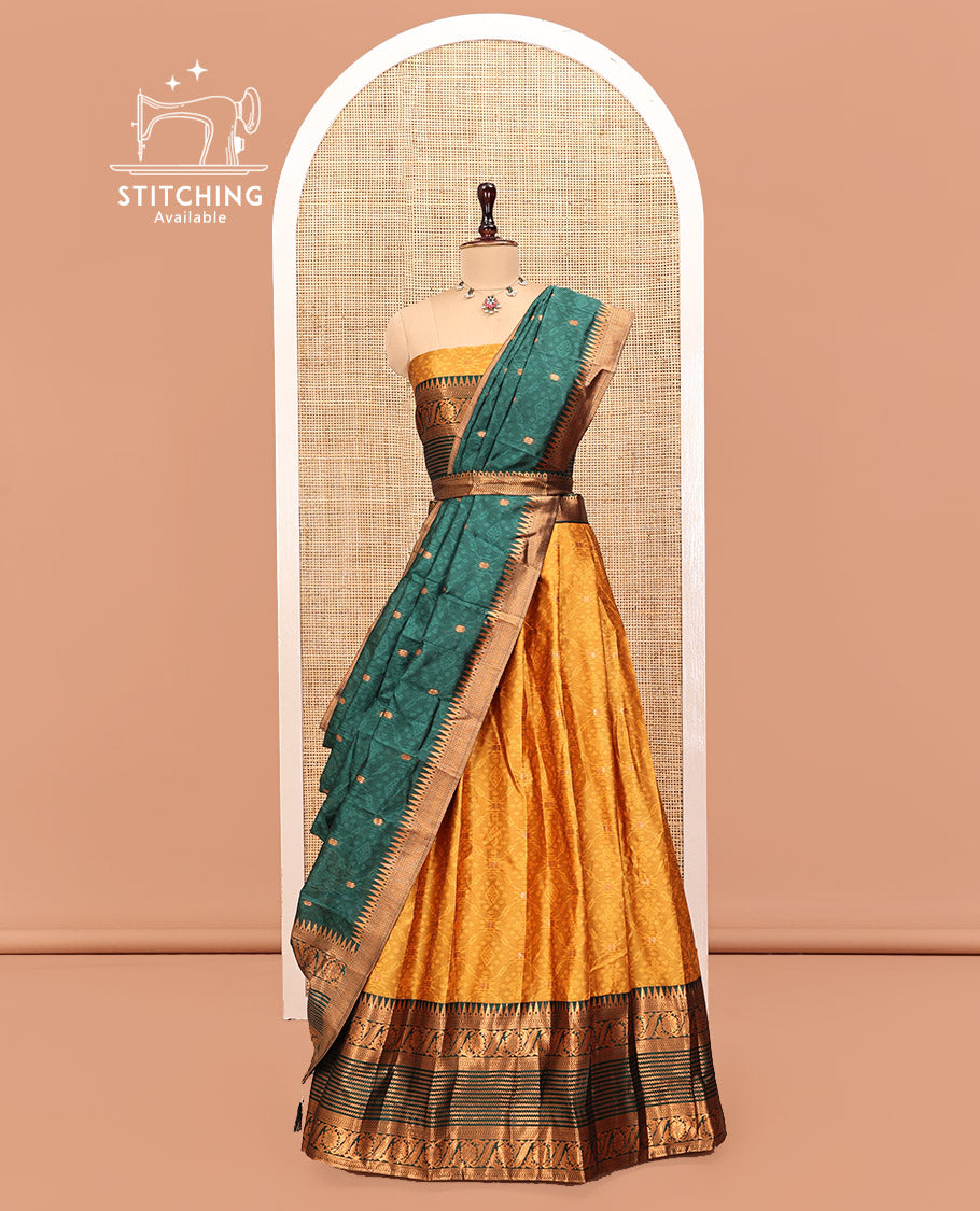 Yellow Art Silk Half Saree, Delicately Woven with Embossed and Buttas Skirt, Contrast Traditional Border, Matching Blouse, and a Contrast Dhavani