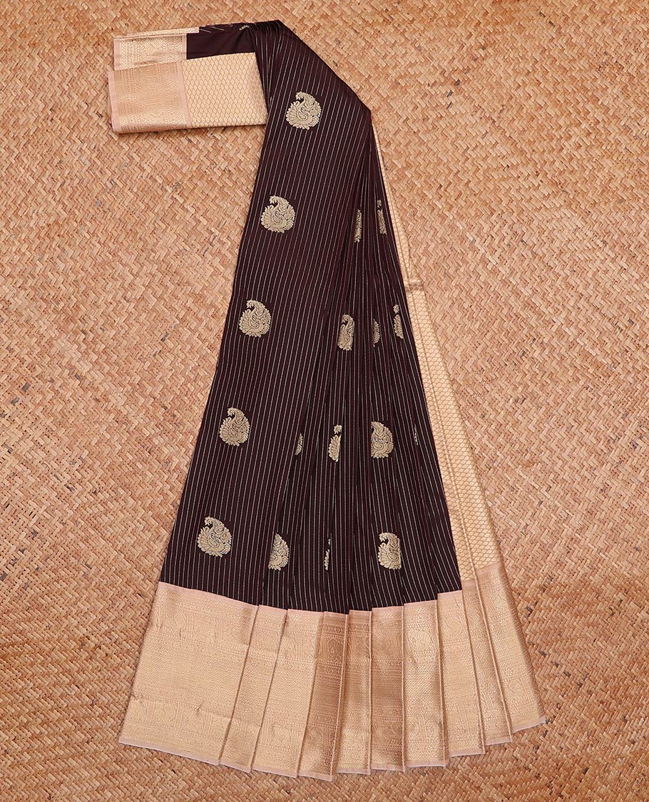 Brown zari buttas and striped gift saree, contrast traditional zari design woven border, and jaal pallu