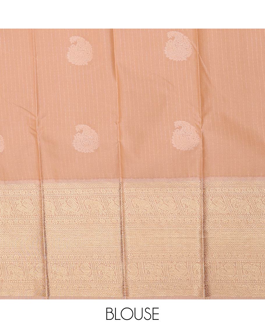 Brown zari buttas and striped gift saree, contrast traditional zari design woven border, and jaal pallu