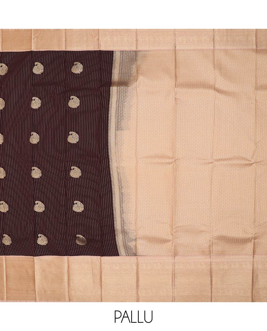 Brown zari buttas and striped gift saree, contrast traditional zari design woven border, and jaal pallu