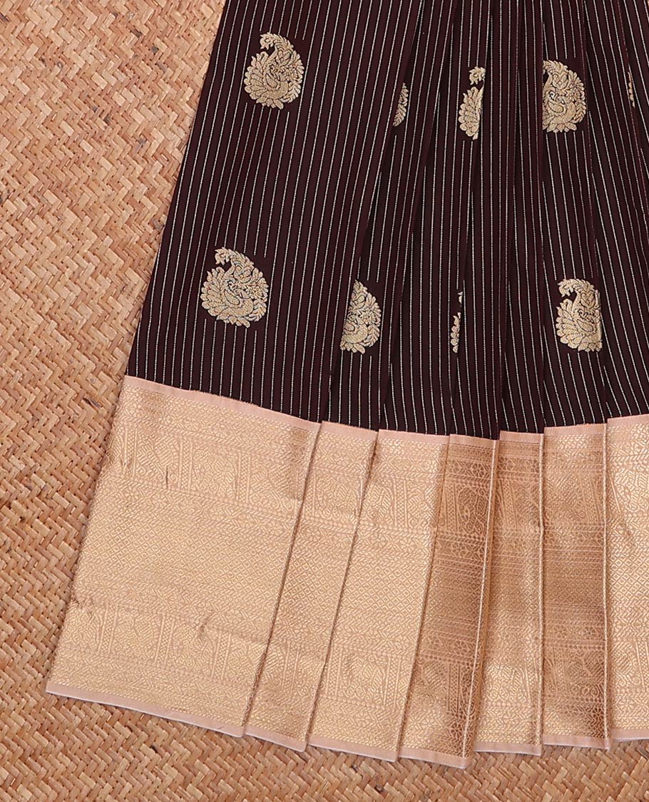 Brown zari buttas and striped gift saree, contrast traditional zari design woven border, and jaal pallu