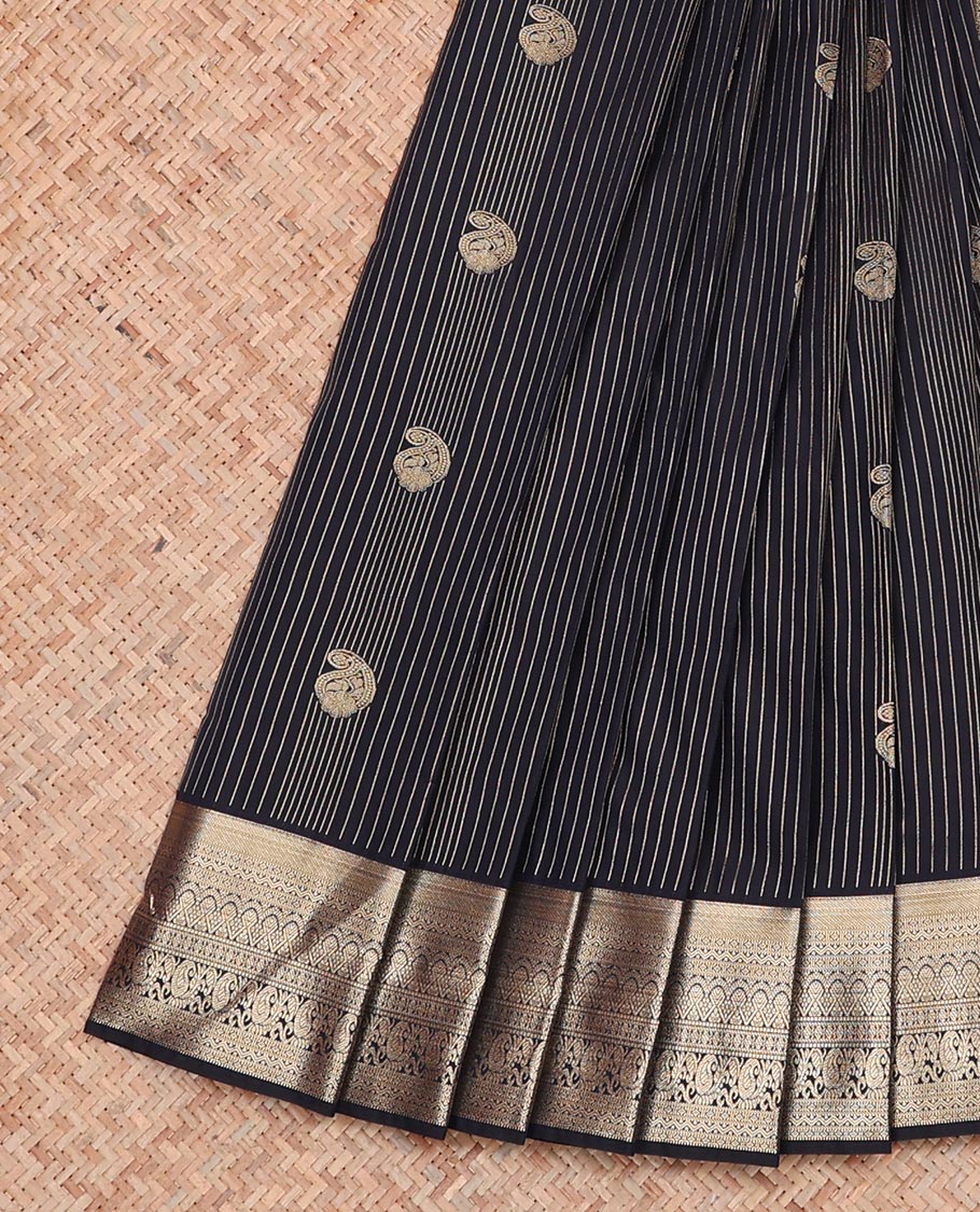 Black Budget Silk Saree Designed with Zari Stripes and Paisleys, Highlighted with a Traditional Zari Design Border, Zari-Rich Jaal Pallu, and a Matching Zari-Bordered Blouse