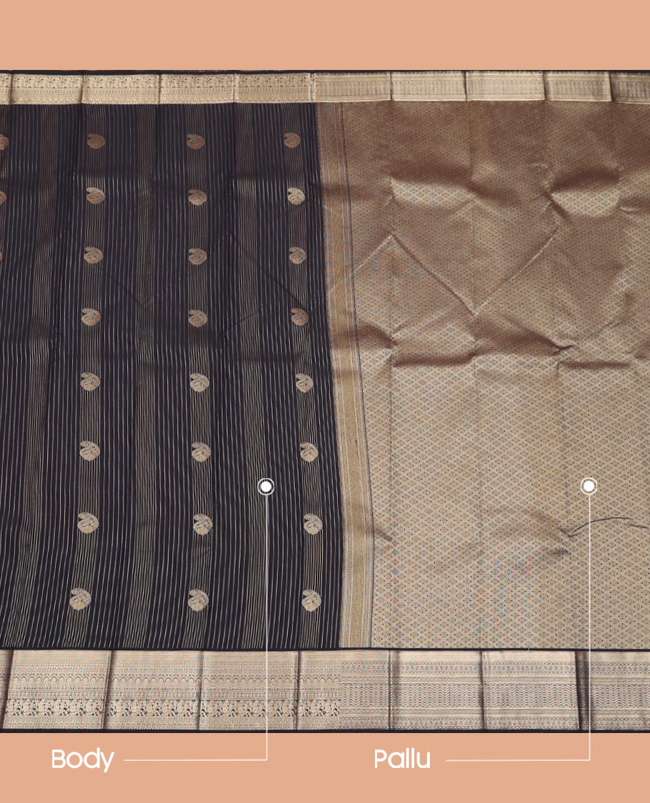 Black Budget Silk Saree Designed with Zari Stripes and Paisleys, Highlighted with a Traditional Zari Design Border, Zari-Rich Jaal Pallu, and a Matching Zari-Bordered Blouse