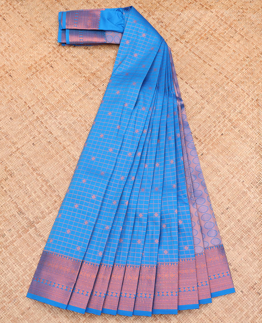 Blue Budget Silk Saree, Decked Up with Zari Buttas and Checks All Over Its Body, Highlighted by a Traditional Zari Design Border, Grand Pallu, and Paired with a Matching Blouse