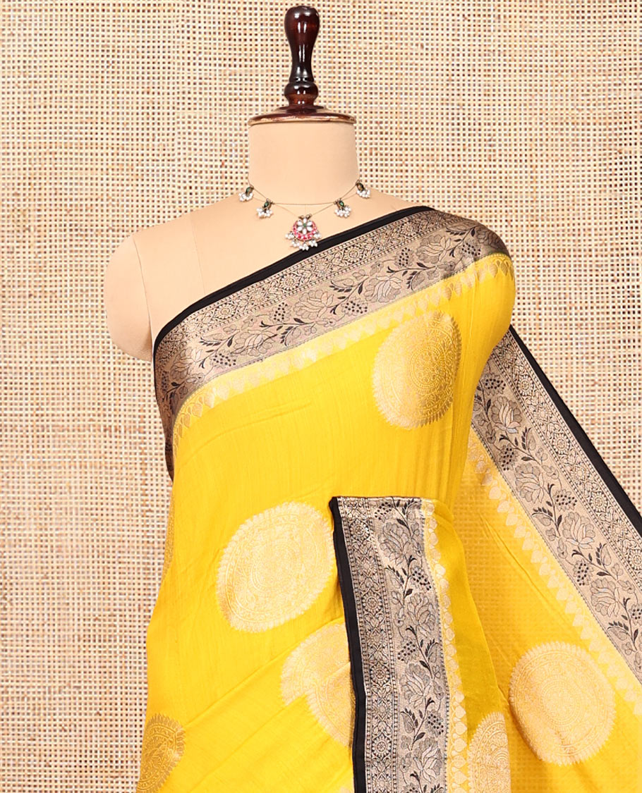 Yellow Assam Silk Saree, Woven with Round Buttas, Complemented by Contrast Floral Creeper Border, an Intricately Designed Pallu, and a Contrast Blouse