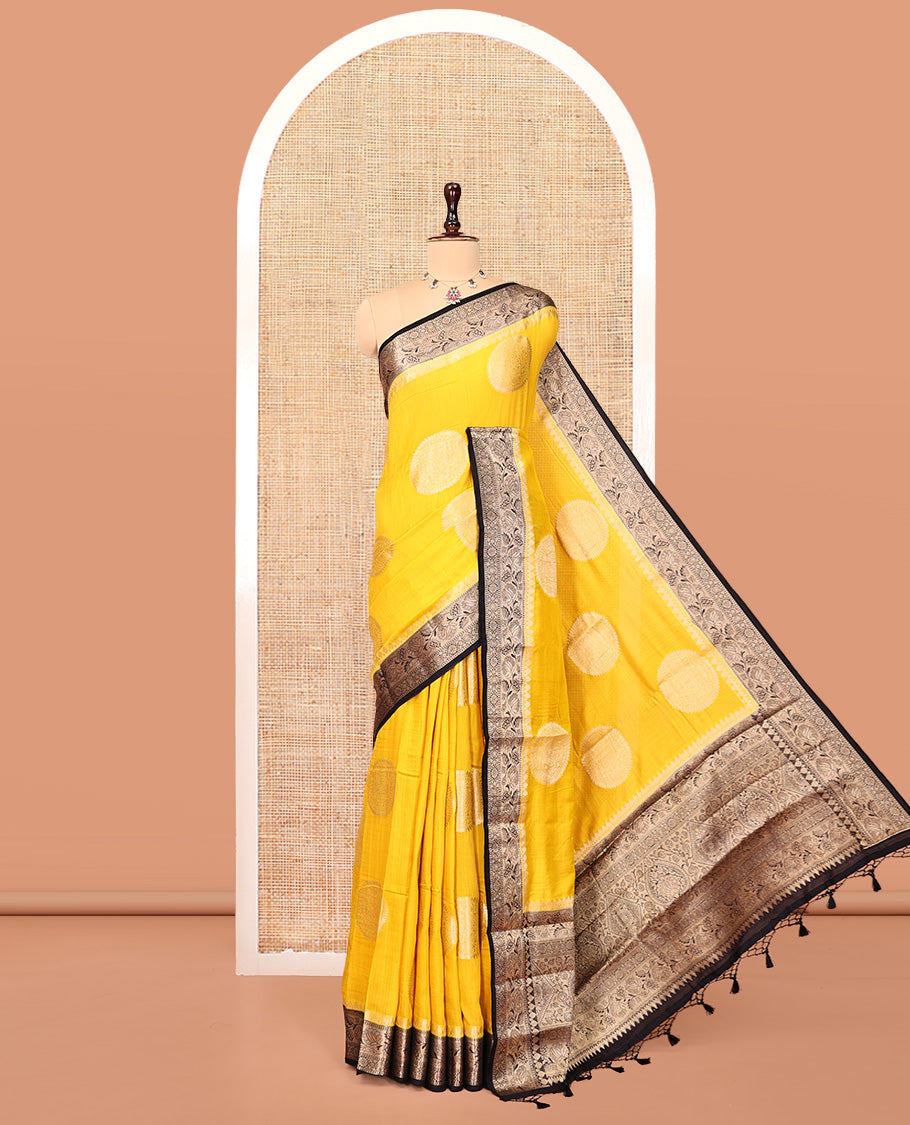 Yellow Assam Silk Saree, Woven with Round Buttas, Complemented by Contrast Floral Creeper Border, an Intricately Designed Pallu, and a Contrast Blouse